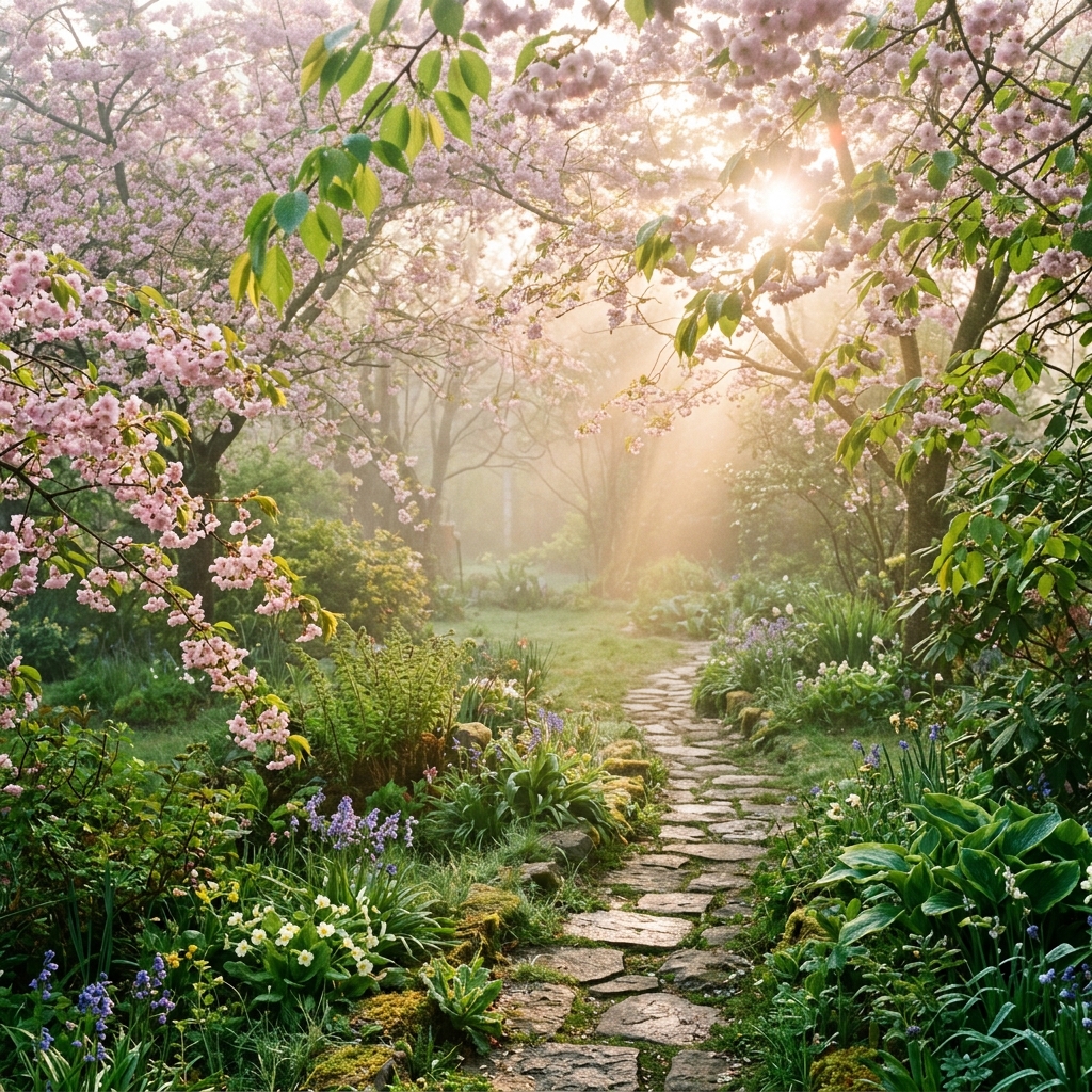 Un jardín de primavera sereno al amanecer con un camino de piedra y flores rosas suaves bajo una cálida luz dorada, transmitiendo paz y renovación celular.