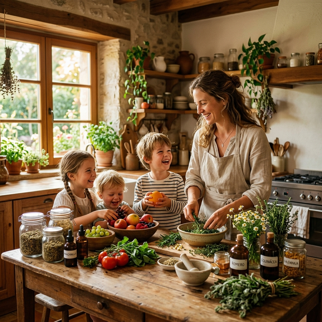 Una madre joven y sonriente en una cocina rústica, preparando alimentos naturales junto a sus tres niños sanos y felices.