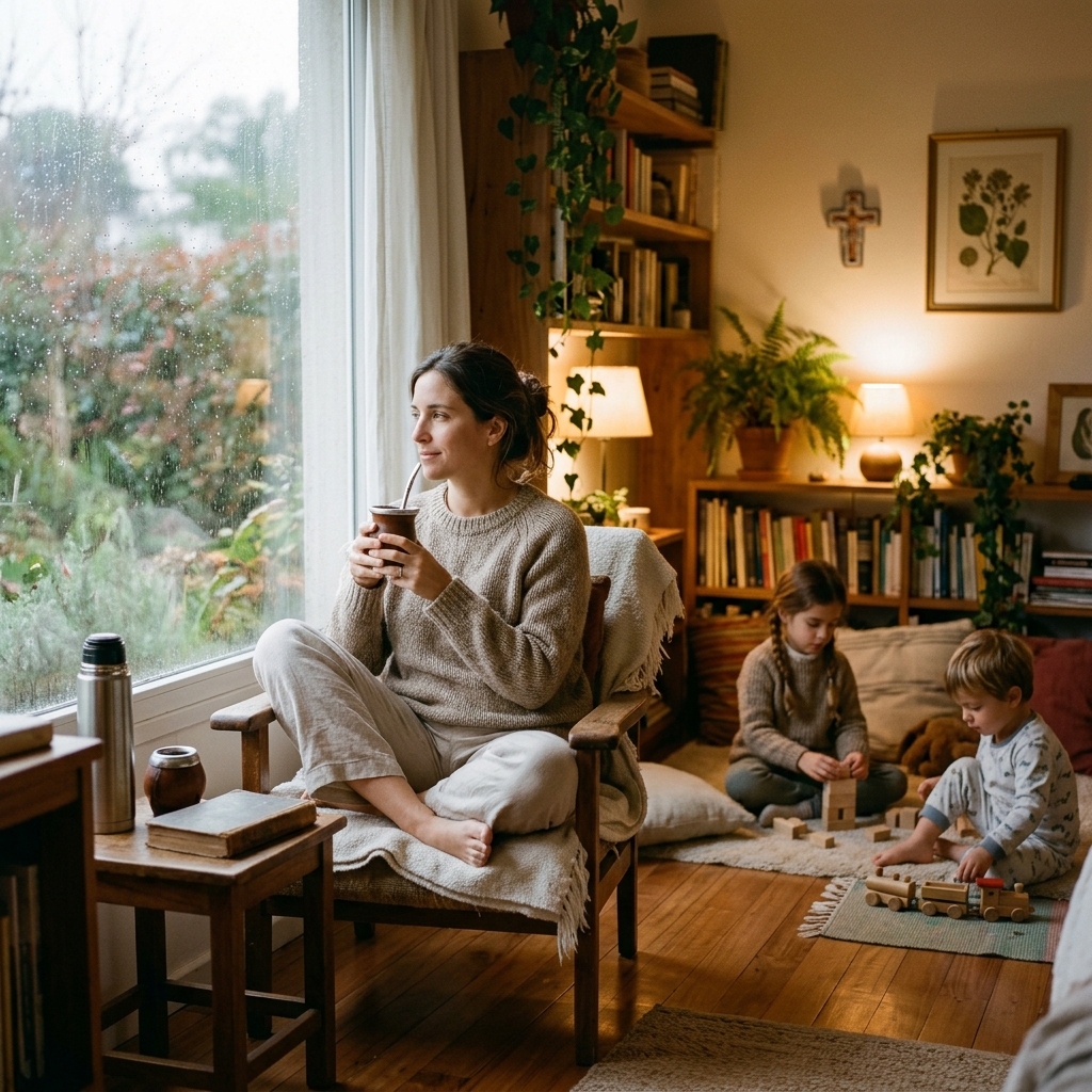Madre joven y serena tomando mate en un día lluvioso, símbolo de paz y plenitud.