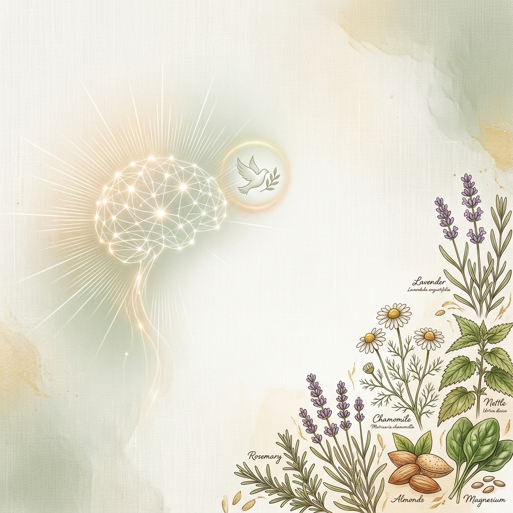 Fondo editorial sereno con ilustraciones botánicas, tonos verde salvia, crema y destellos dorados representando la claridad mental, el equilibrio del sistema nervioso y la sabiduría hildegardiana.