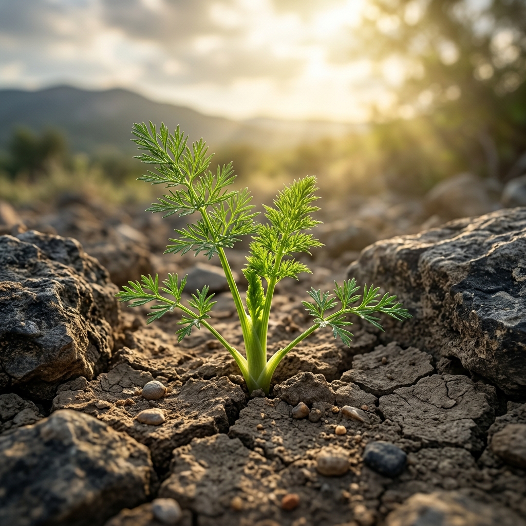 Planta medicinal brotando con fuerza entre piedras, simbolizando la Viriditas